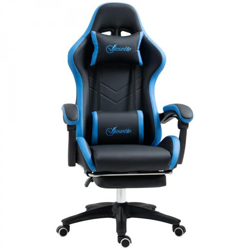 Silla Gaming Silla Gamer de Cuero PU Reclinable 135° Reposacabezas y Reposapiés 65x65x121-129 cm Negro y Azul [9]