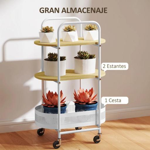 Carrito Auxiliar con Ruedas de 3 Niveles Carro de Almacenamiento con Cesta y Estantes 49,5x32,5x82,5 cm Blanco y Madera Natural [4]