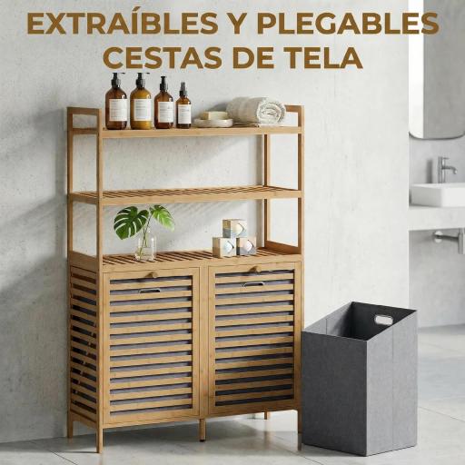 Mueble Ropa Sucia de Bambú con 2 Cestos para Ropa Sucia Inclinables 38,7 L y 3 Estantes 80x30x118 cm Roble [8]