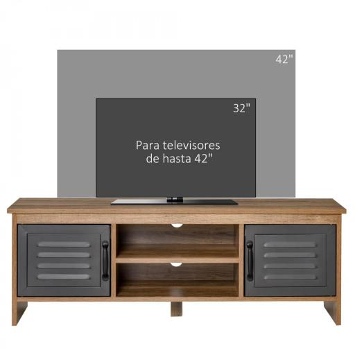 Mueble de TV para Televisores de 42" con 2 Compartimentos Cerrados con Puertas de Metal y 2 Estantes Abiertos Mueble de salón moderno Mesa para televisor 109x35x38 cm Madera Natural y Gris [2]
