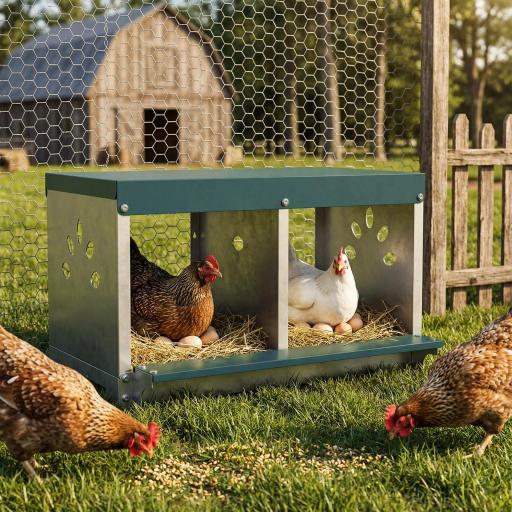 Ponedero para Gallinas de Acero Galvanizado con 2 Huecos para 2 Gallinas con Techo Impermeable y Ventilación Plateado y Verde