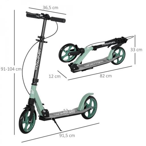 Patinete Plegable para Adultos y Niños de +14 Años Scooter con Manillar Ajustable 91,5x36,5x91-104 cm Verde [1]