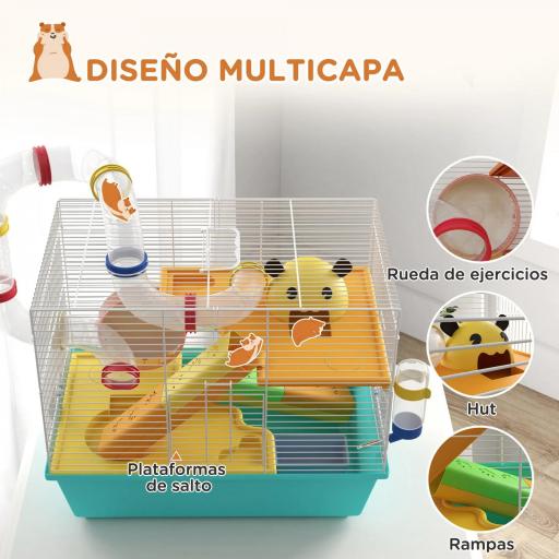 Jaula de Hámster con Túnel Plataformas Cuenco Bebedero Casita Rampas y Rueda de Ejercicio 45x28x37 cm Azul Claro [4]