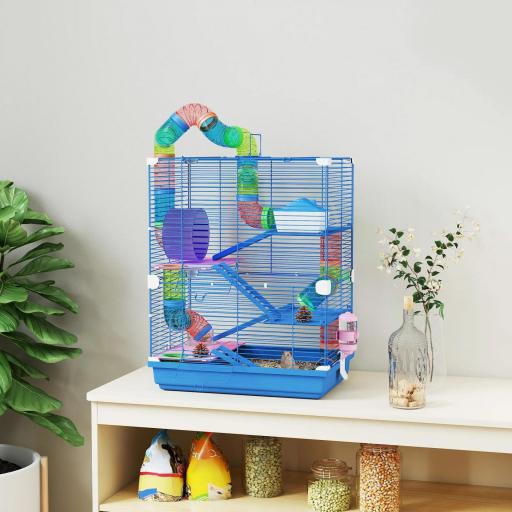 Jaula de Hámster con Túnel Plataformas Cuenco Bebedero Casita Rampas y Rueda de Ejercicio 46x30x58 cm Azul [0]