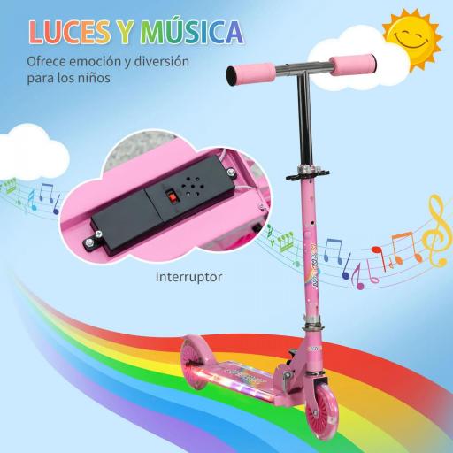 Patinete Infantil Plegable con Luces Música Altura Ajustable Ruedas Brillantes Pedal LED Carga 50kg 67x32x65-78cm Rosa [6]