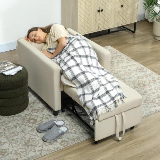 Sofá Cama de 1 Plaza Tapizado en Lino con Respaldo Ajustable de 3 Niveles y Almohada Acolchada 69x82,5x84 cm Beige [4]