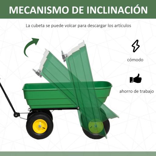 Carro de Jardín Basculante Capacidad 125 L Carga 200 kg con Marco de Acero y 4 Ruedas Neumáticas Verde [4]
