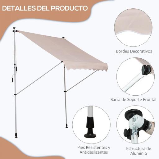 Toldo Manual Retráctil 200x150x170-280 cm para Balcón y Terraza con Altura Ajustable con Manivela Beige [2]