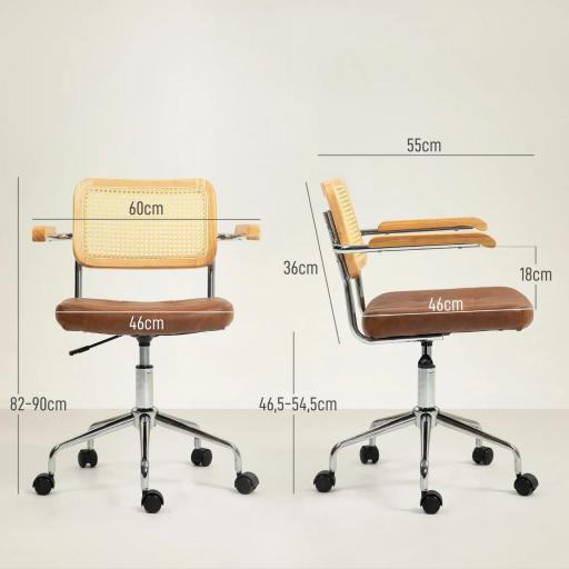 Silla de Escritorio Altura Ajustable con Función de Basculante y Respaldo de Ratán Sintético 60x55,5x82-90 cm Marrón [1]