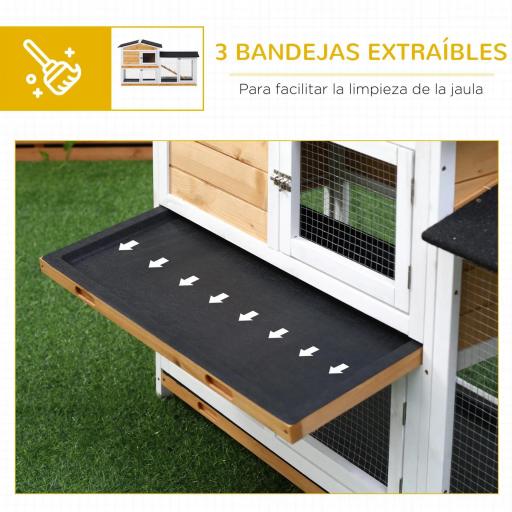 Conejera de Madera Exterior Jaula para Conejos de 2 Niveles con Techo Asfáltico 2 Corrales de Metal Bandeja Extraíble 2 Puertas y Rampa 157,4x53x93,5 cm Natural [3]