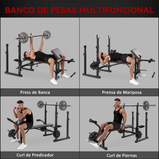 Banco de Pesas con Soportes para Barra y Respaldo Ajustable para Entrenamiento Completos de Cuerpo Negro [3]