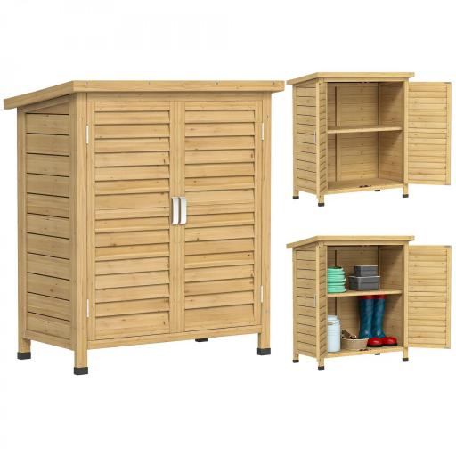 Armario para Terraza de Madera con 2 Estantes Interiores 2 puertas de Buena Ventilación y Techo Inclinado para Exterior 87x46,5x96,5 cm Madera Natural [8]