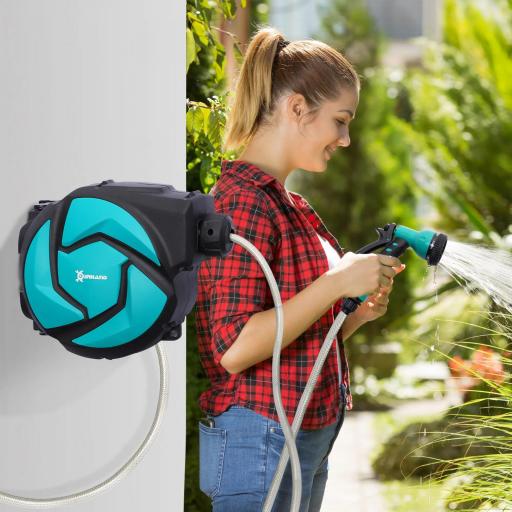 Carrete para Manguera Retráctil 10m con 7 Modos de Riego Sistema de Enrollado Automático con Bloqueo Conector de 1m para Jardín Césped 28x14x34 cm Negro y Verde