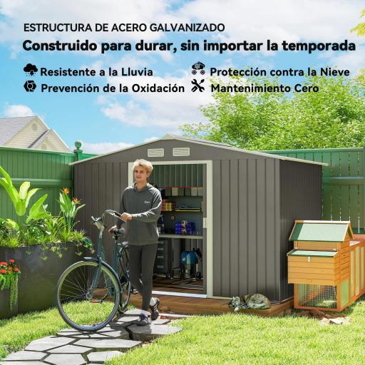 Cobertizo de Jardín 4,9 m² 277x195x192 cm con 2 Puertas Corredizas Base Refuerzo (Suelo NO Incluido) Gris [3]