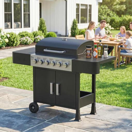 Barbacoa de Gas con 6 Quemadores Termómetro Parrilla Mesas Laterales Armario y Ruedas 135x51x101 cm Negro [5]