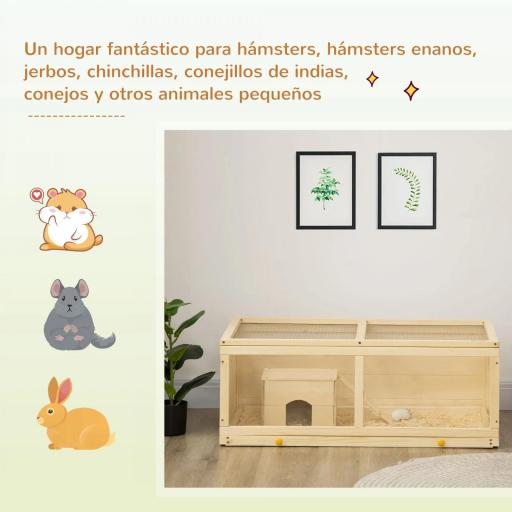 Jaula para Hámster de Madera con Techo Abatible Panel de Acrílico Bandeja Extraíble y Cabaña 100x58x38 cm Natural [7]