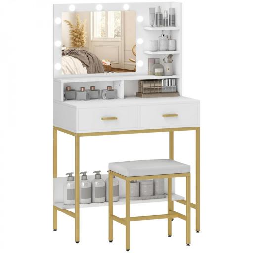 Tocador de Maquillaje con Luz y Taburete Mesa de Maquillaje con 2 Cajones y Estantes de Almacenamiento Blanco [9]