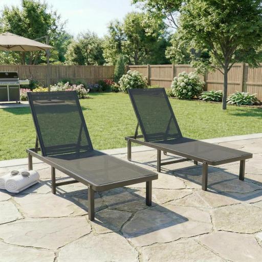 Conjunto de 2 Tumbonas Reclinables con Ruedas Respaldo Ajustable 4 Niveles Estructura de Aluminio Tela Textilene Gris [8]