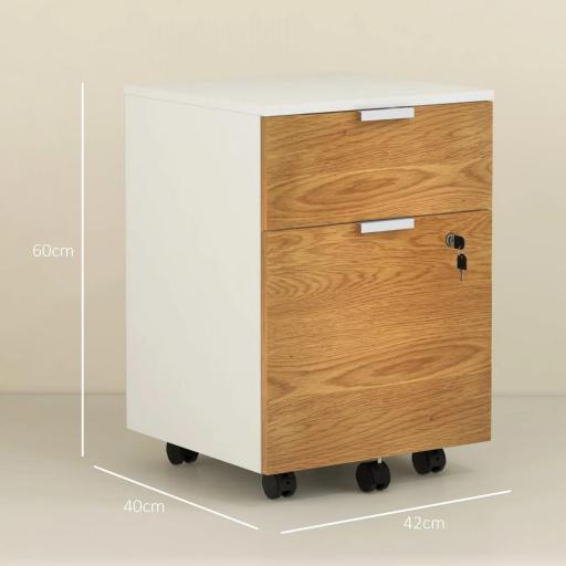 Mueble Archivador con Ruedas 2 Cajones Barra Colgante para Carpetas A4 y Carta Cerradura 42x40x60 cm Blanco y Natural [1]