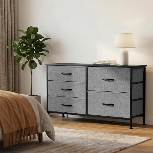 Cómoda con 5 Cajones de Tela Cómoda para Dormitorio Marco de Acero Cajonera para Salón Oficina Gris Oscuro y Negro