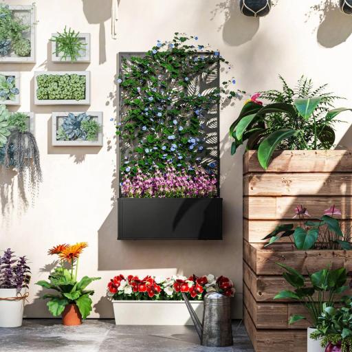 Jardinera Elevada con Panel de Privacidad de Hojas Decorativas de Metal y Opción de Montaje en Pared 61x23x113 cm Negro [4]