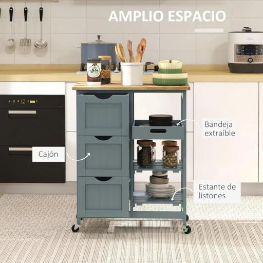 Carrito Auxiliar con Ruedas Carrito de Cocina con 3 Cajones 2 Estantes Abiertos y Bandeja Extraíble 67x37x85,5 cm Gris [2]