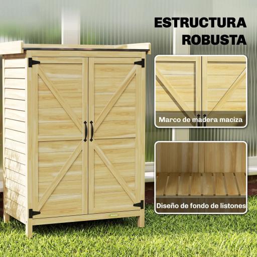 Cobertizo de Jardín Exterior de Madera con Techo de Metal y Ganchos para Almacenaje Herramientas 71,5x39x95 cm Natural [6]