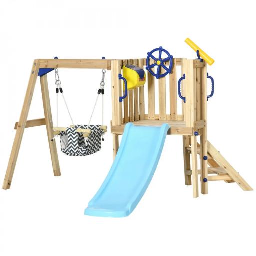 Columpio y Tobogán Infantil Exterior de Madera con Volante Telescopio para Niños de 18-48 Meses Madera Natural [7]