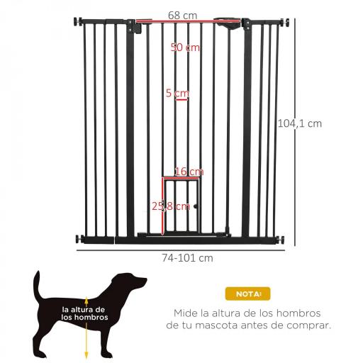 Barrera de Seguridad Extensible con Puerta Pequeña Cierre Automático y Sistema de Doble Bloqueo 74-101x104,1 cm Negro [1]