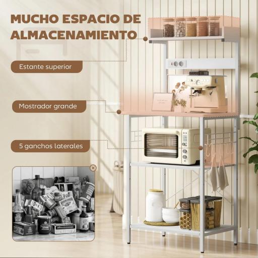 Estantería de Cocina con 2 Tomacorrientes Estante para Microondas Estante Ajustable Ganchos 60x42x137 cm Blanco [4]