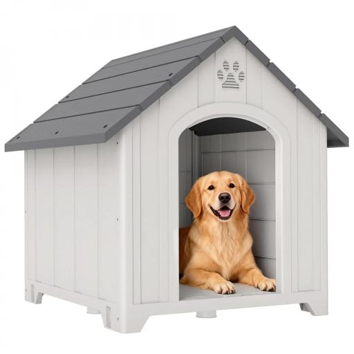 Caseta para Perros Exterior Casa para Perros Grandes de Plástico con 2 Ventanas Base Elevada Estacas Gris [8]