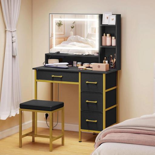 Tocador de Maquillaje con Espejo Luces LED Estación de Carga Taburete Estación de Carga 4 Cajones Negro [7]