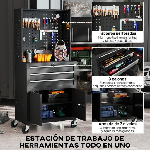 Carro de Herramientas con 3 Cajones Tabla de Pegboard Cerradura por Llave Estante Ajustable 2 Ruedas con Freno Negro [4]
