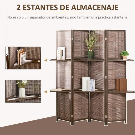 Biombo de 4 Piezas de Bambú Biombo Separador de Ambientes Plegable con 2 Estantes Extraíbles Divisor de Habitaciones Dormitorio 180x180 cm Marrón [4]