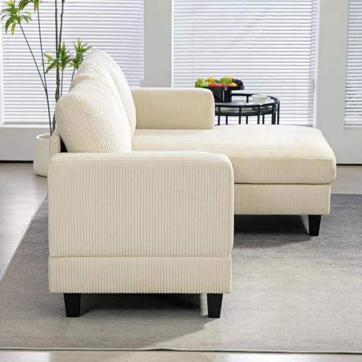 Sofá Chaise Longue de 3 Plazas en Forma de L Tapizado en Pana Asiento y Respaldo Acolchados 214x134x87 cm Beige [3]
