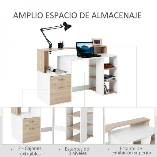 Mesa de Ordenador PC 137x55x92 cm Escritorio con Estantería de 3 Estantes 2 Cajones y Soporte para Impresora para Oficina Estudio Despacho Blanco y Roble [4]