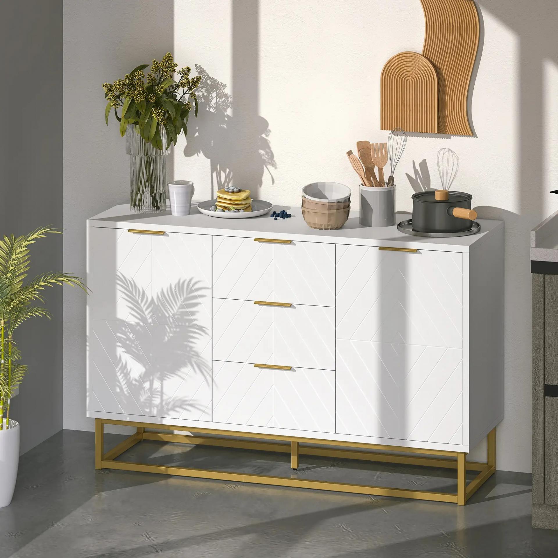 Aparador Moderno Aparador para Salón con 3 Cajones 2 Puertas y Estante Ajustable Mueble Auxiliar para Salón Cocina Antivuelco 120x40x76 cm Blanco