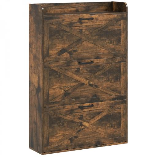 Zapatero Estrecho de 3 Cajones Abatibles para 24 Pares Diseño Rústico con Puertas de Granero 80x24x118 cm Marrón [8]