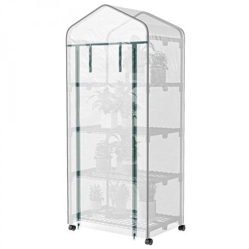 Invernadero de Exterior con 4 Estantes Ruedas Puerta Enrollable Cubierta de PE y Marco de Acero 69x50x165 cm Blanco [6]
