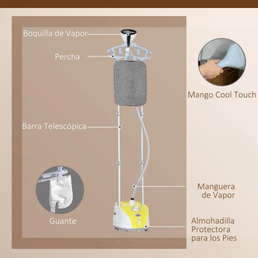 Plancha de Vapor Vertical 1950W 2 L con Temperatura Ajustable en 11 Niveles y Barra Telescópica Amarillo [1]