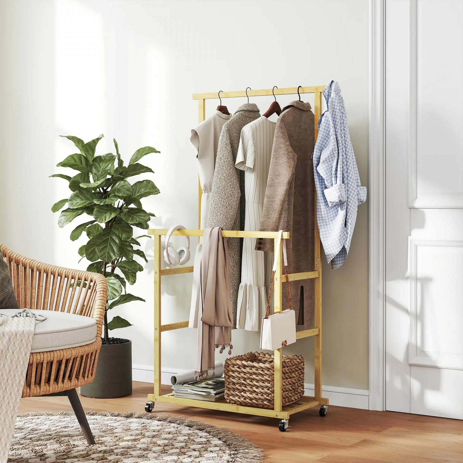Perchero Colgador de Ropa de Bambú con Ruedas Estante para Zapatos 2 Barras para Colgar 80x40x160 cm Natural