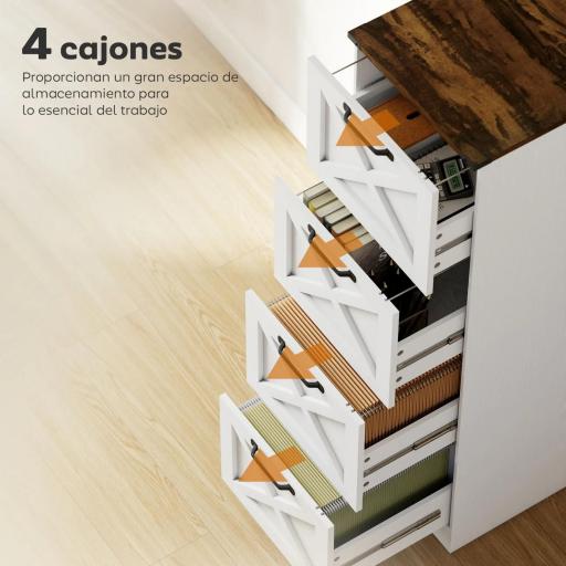 Cajonera Escritorio con 4 Cajones Soporte para Impresora con Riel Colgante para A4 y Carta 40x40x131 cm Blanco [5]