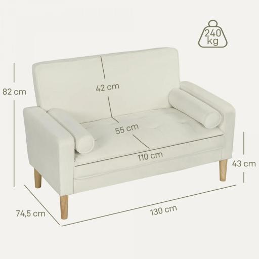 Sofá de 2 Plazas Tapizado en Terciopelo 130 cm con Asiento Capitoné y Patas de Madera para Espacios Pequeños Crema [1]