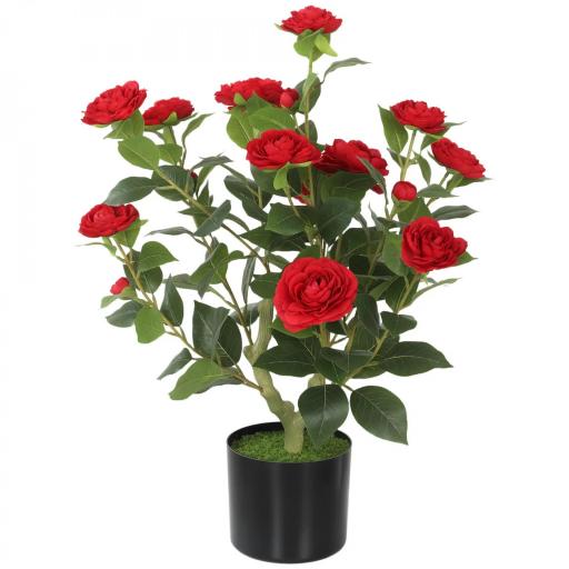 Planta Artificial de Camelia 65 cm Árbol Artificial en Maceta con Flores de Seda Realistas 116 Hojas Efecto Musgo Rojo [10]