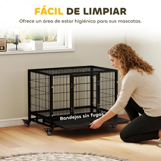 Jaula de Metal para Perros con Ruedas y Frenos Bandeja Extraíble y Puerta con Pestillo para Golden Retriver Labrador 92x62x75 cm Negro [3]