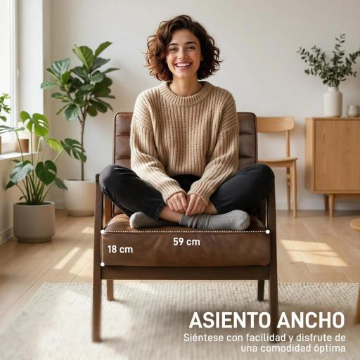 Butaca de Salón Tapizado en PU con Marco de Madera Maciza Asiento Acolchado para Sala de Estar Dormitorio Marrón [2]