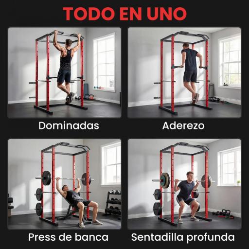 Jaula de Potencia Rack de Sentadillas con Barra Dominadas Estación de Fondos Ajustable para Casa Gimnasio Carga 460 kg [7]