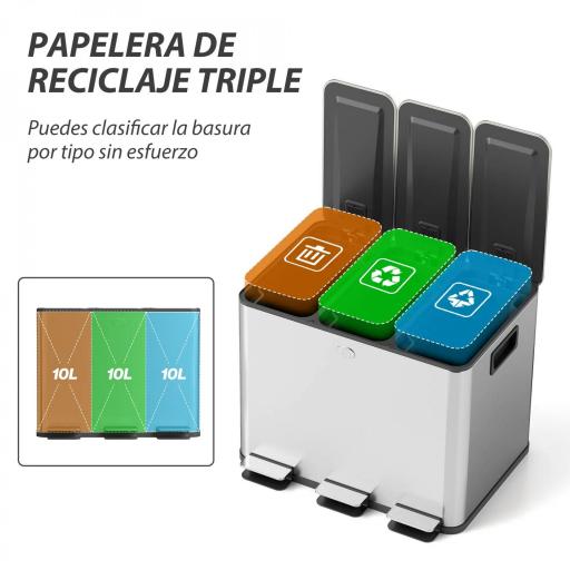 Papelera Cocina de Acero Inoxidable con 3 Compartimentos 3x10L con Pedales Tapas de Cierre Suave y Cubo Extraíble Plata [2]