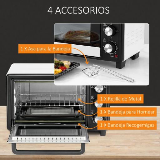 Horno Portátil 16L 1400W con 3 Modos de Calor Temporizador Bandeja de Horneado y Rejilla 44x32x28,1 cm Blanco y Negro [4]