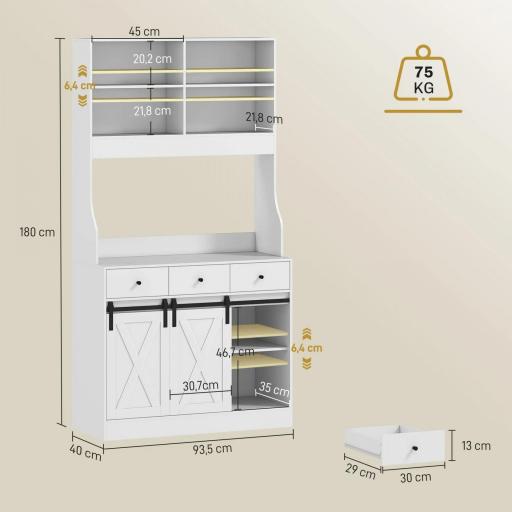 Alacena de Cocina con 2 Puertas Corredizas 3 Cajones Encimera para Microondas y Estantes Ajustables Blanco 93,5x40x180cm [1]